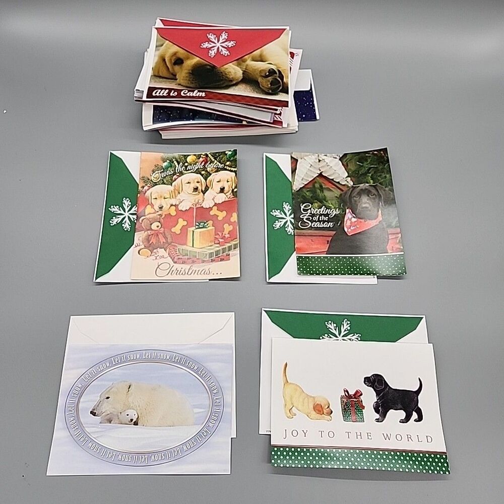 Assorted Holiday Christmas Greeting Cards Animals Mixed lot 60 w/Envelopes Dupes